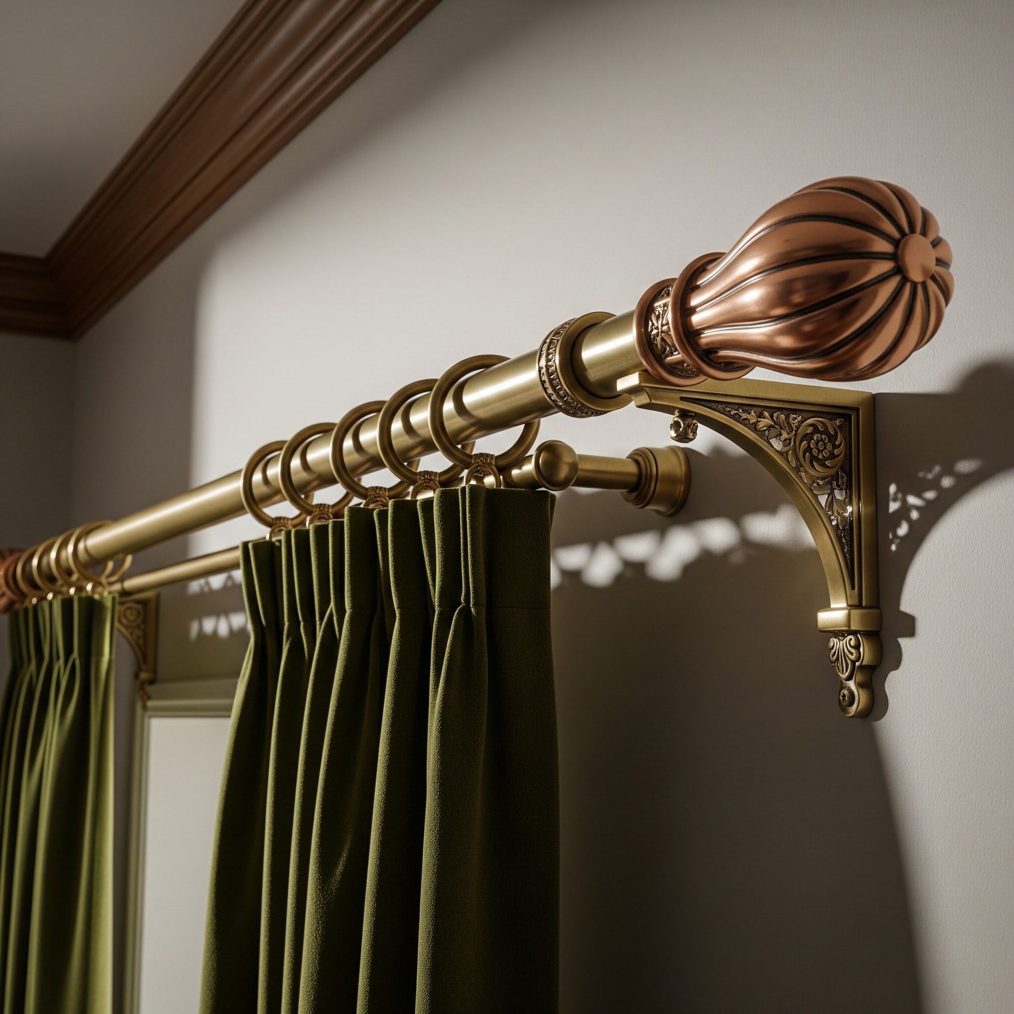 Low light luxurious living room with velvet curtains and gold accents